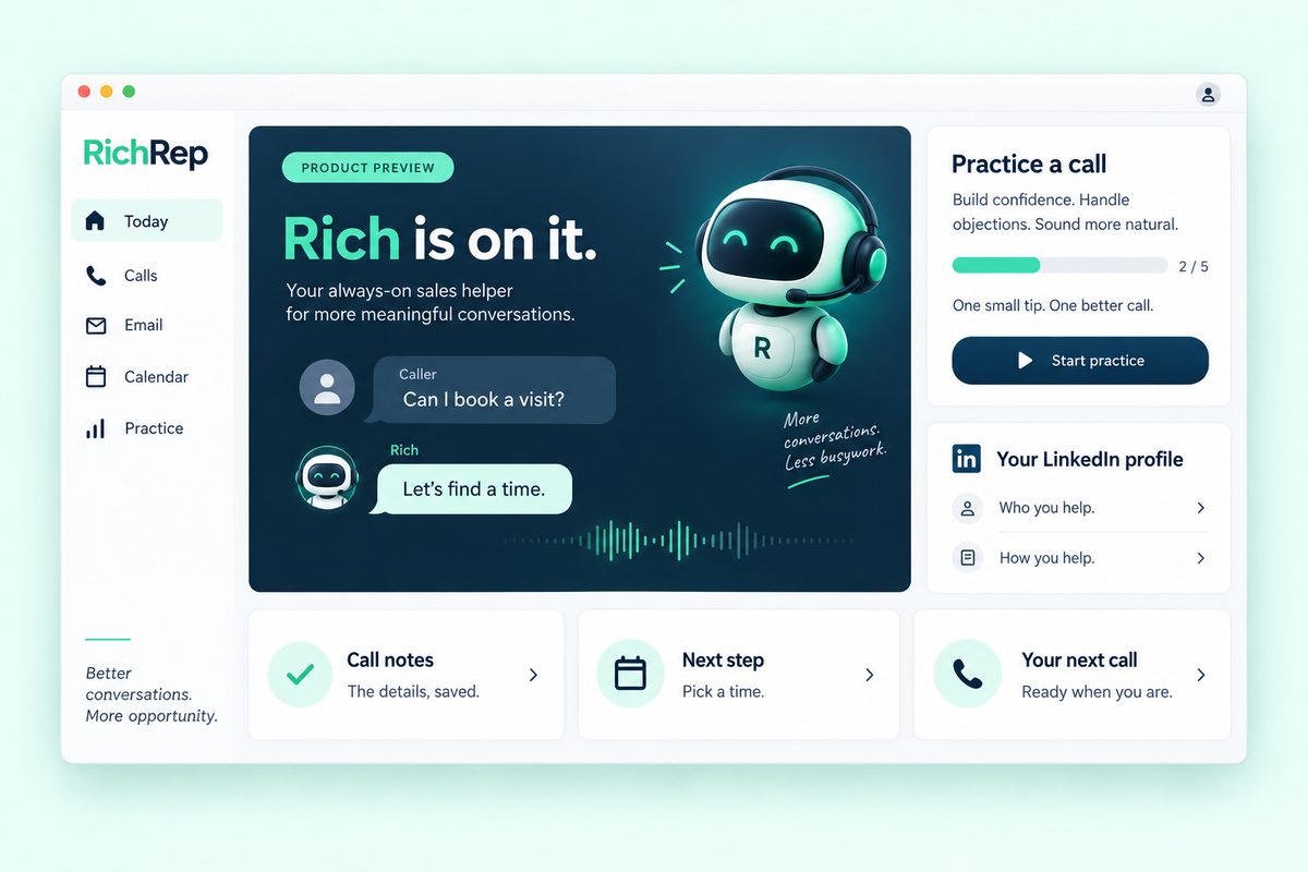 Concept of the RichRep workspace: Rich, the AI helper, answers a caller asking to book a visit, next to Practice a call, Your LinkedIn profile, call notes, next step and your next call.